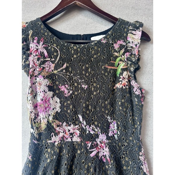 Anthropologie Eri + Ali Nevaeh Floral Lace Dress Black Pink Ruffle Fit Flare 4P - Picture 4 of 13